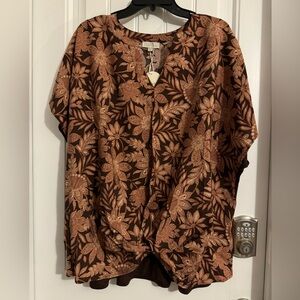 Pretty Chenault size 3X brown floral print twist front short sleeve blouse new